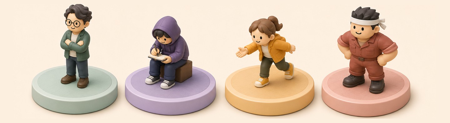 16タイプの人物を並べたイラスト