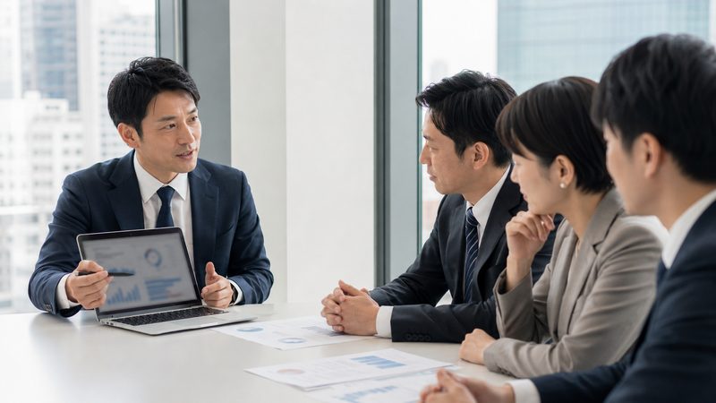 会議室で業務をヒアリングする診断の場面