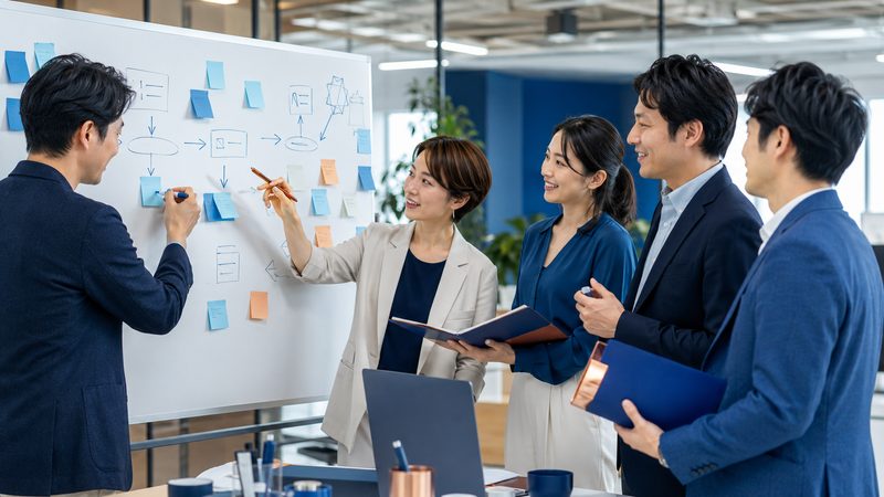 ホワイトボードを使った改善ワークショップの場面